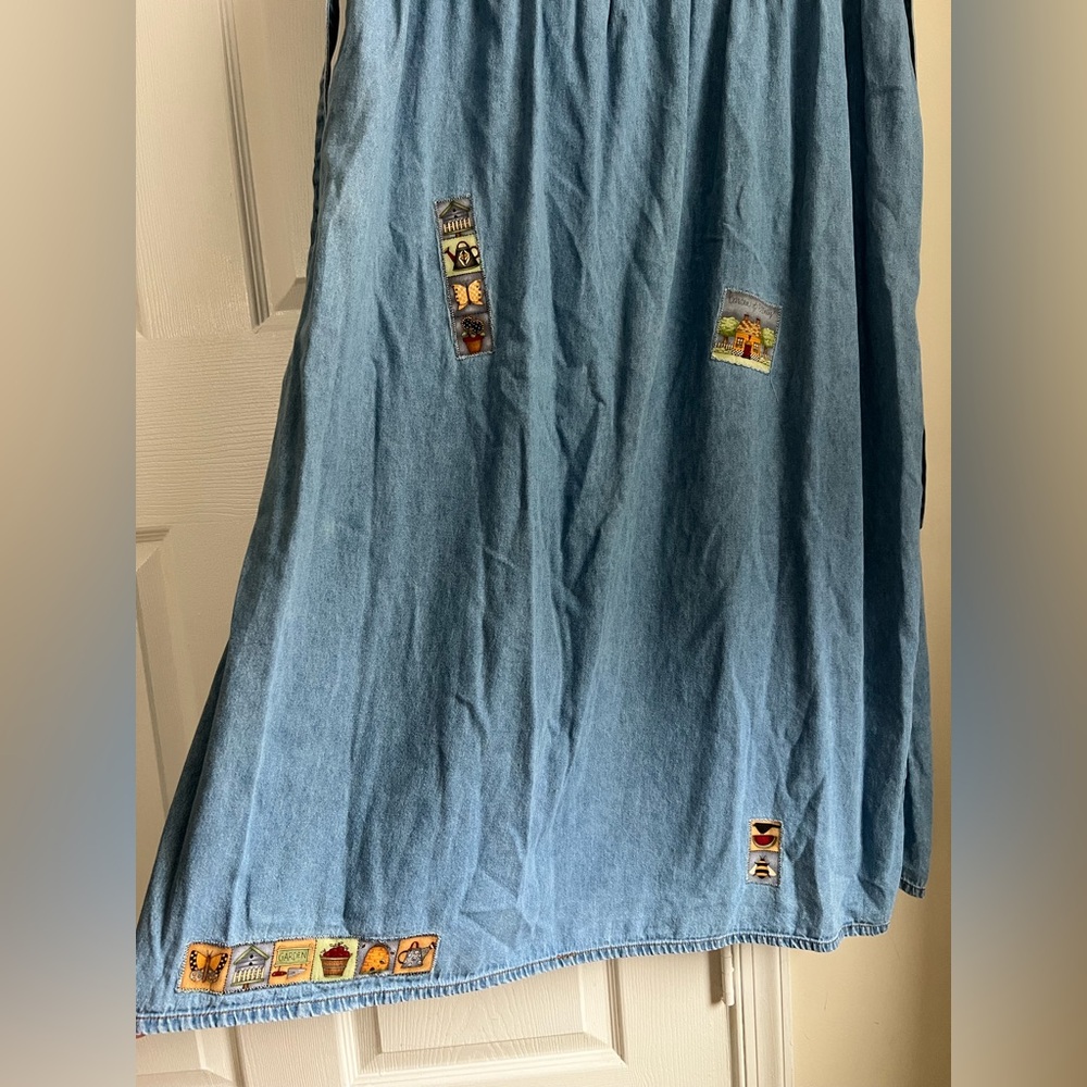 Vintage Jane Ashley Blue Denim Tie Back Garden Patchwork Cottagecore Dress Large - Picture 8 of 14